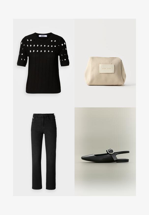 Pull en tricot noir avec des manches courtes, texture côtelée et encolure ronde. Plusieurs découpes créent un motif sur le devant.; Jean en denim noir avec une coupe droite, taille haute et style cinq poches classique. Fabriqué à partir d'un tissu robuste et texturé.; Chaussure plate slingback noire à bout pointu, boucle argentée et petit talon sur fond neutre.; Pochette en tissu beige côtelé avec fermeture éclair sur le dessus et patch rectangulaire avec texte embossé à l'avant, sur un fond blanc uni.