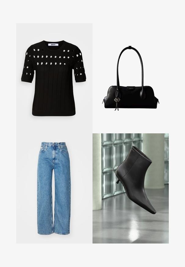 Suéter negro de punto con mangas cortas, textura acanalada y escote redondo. Múltiples agujeros recortados crean un patrón en la parte frontal.; Jeans de mezclilla de pernera ancha en azul claro con cintura alta, dobladillo deshilachado y diseño de cinco bolsillos. La textura desgastada añade profundidad a la tela.; Bota de cuero negro para el tobillo con puntera puntiaguda y tacón pequeño, exhibida frente a una pared de bloques de vidrio y un suelo pulido.; Bolso de mano negro de cuero Calvin Klein con asas largas, una etiqueta con el logo frontal y un colgante geométrico plateado que cuelga de una de las asas.