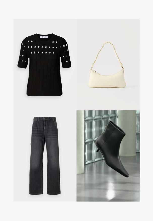 Suéter negro de punto con mangas cortas, textura acanalada y escote redondo. Múltiples agujeros recortados crean un patrón en la parte frontal.; Jeans de pierna ancha en denim gris oscuro, con una cintura alta, bolsillos frontales y un sutil desgaste en los muslos. Detalle de costura en contraste.; Botín negro de cuero con punta puntiaguda y tacón bajo estilo kitten, mostrado en ángulo sobre un suelo pulido y con una pared de bloques de vidrio de fondo.; Bolso pequeño de color crema con forma curva y asa de cadena trenzada en tono dorado, cierre con cremallera en la parte superior