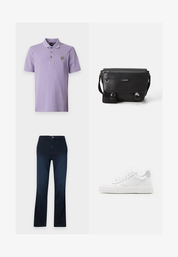 Polo en lilas clair avec une patte de boutonnage à trois boutons, des manches courtes et un logo brodé jaune sur la poitrine. Tissu en coton doux.; Pantalons en denim bleu marine à coupe droite, avec fermeture éclair, passants de ceinture et une poche avant unique avec des détails de couture contrastants.; Des baskets en cuir blanc avec une finition lisse, un bout rond, des lacets plats et une semelle texturée. Accents en daim gris au niveau du talon.; Sac messager Lacoste noir texturé avec bandoulière ajustable, rabat avant, poche zippée et fermetures à boucle en métal.
