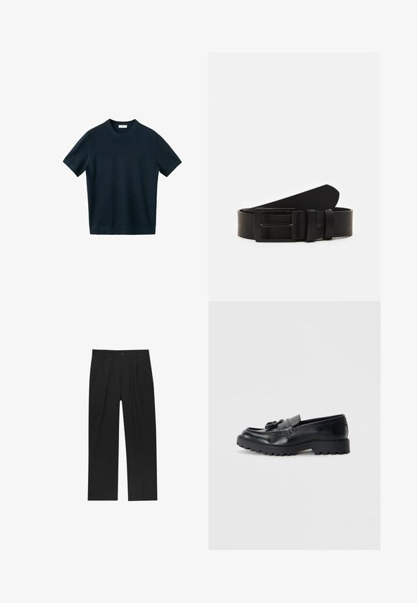 Pull en maille bleu marine foncé à manches courtes avec col rond, présenté sur un fond blanc uni.; Pantalons noirs au design droit, fabriqués à partir d'un tissu lisse. Dotés de plis sur le devant et d'une fermeture à un bouton à la taille.; Mocassins en cuir noir avec une finition brillante, semelle en caoutchouc épaisse et détail de frange décoratif à l'avant.; Ceinture en cuir noir roulée avec une boucle en métal rectangulaire noir mat et deux passants sur fond blanc.