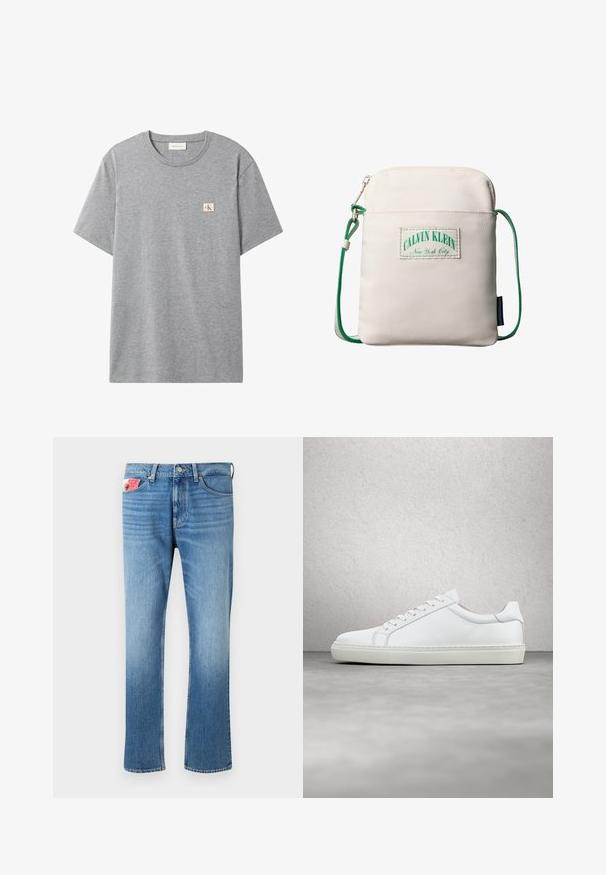 Graues kurzärmeliges Baumwoll-T-Shirt mit Rundhals und kleinem weißem quadratischem Aufnäher mit roten CK-Buchstaben auf der linken Brust.; Verblasste blaue Jeans im geraden Schnitt mit einem Knopfverschluss, fünf Taschen und einem Aufnäher auf der vorderen Tasche.; Weißer Sneaker mit glattem Lederobermaterial und niedrigem Profil. Verfügt über eine runde Zehenpartie, sechs Ösen und eine strukturierte Gummisohle.; Kleine beige Umhängetasche mit grünem, verstellbarem Kordelriemen, einer vorderen Reißverschlusstasche und einem Calvin Klein New York City Logo-Patch.