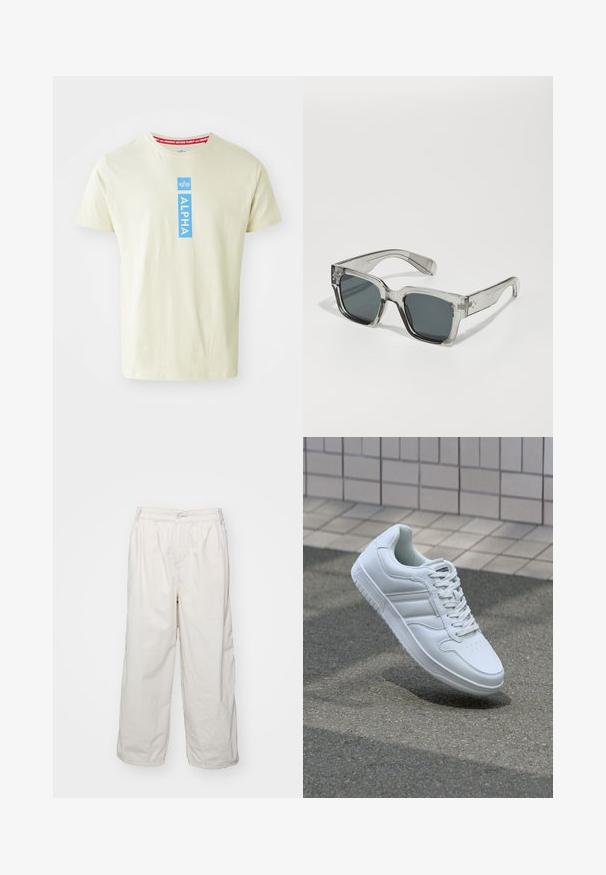 Kortærmet, lysegul bomulds T-shirt med et blåt "ALPHA" grafik og et rødt "REMOVE BEFORE FLIGHT" label på kraven.; Hvide bomulds bukser med brede ben og elastisk talje, med en frontknaplukning og sidelommer. Glat tekstur og minimalistisk design.; Hvide atletiske sneakers med glat læderoverdel, snørelukning foran, perforeret tå og mønstret sål. Minimalistisk design med tre sidelister.; Klare, oversized solbriller med mørke linser, der har en kraftig rektangulær stel og strukturerede stangsnehverv. Fremstillet af transparent kunststof.