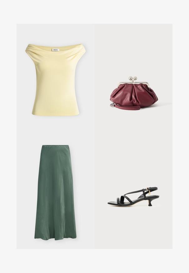 Top sans manches jaune pâle à épaules dénudées avec un léger drapé au niveau du col et une petite étiquette blanche de la marque à l'intérieur.; Longue jupe en satin verte avec un léger éclat et une texture lisse, dotée d'une ceinture simple et d'un ourlet légèrement évasé.; Sandale noire en cuir à brides fines, talon bas kitten, boucle à la cheville et petit pendentif doré sur fond clair uni.; Petite pochette en cuir bordeaux avec fermoir en métal argenté et bracelet pour poignet sur fond blanc.