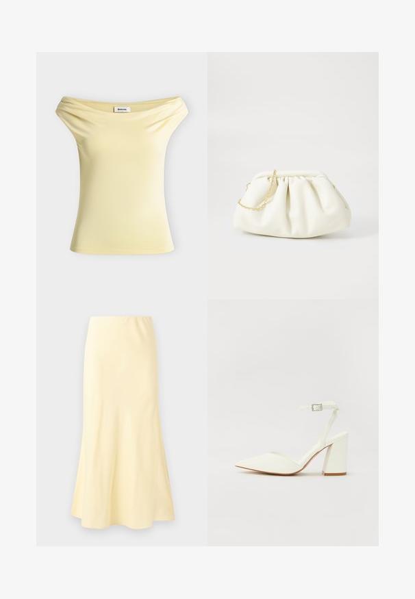 Top sans manches jaune pâle à épaules dénudées avec un léger drapé au niveau du col et une petite étiquette blanche de la marque à l'intérieur.; Jupe longue jaune pâle avec un léger évasement en bas, présentant une texture lisse et une taille élastique.; Sandale blanche à talon avec un bout pointu, sangle de cheville réglable et un talon carré épais. Texture lisse avec des détails de couture minimaux.; Sac à main en cuir blanc avec un design plissé, doté d'une bandoulière en chaîne dorée et d'une forme arrondie. Texture lisse avec des plis doux et sans motifs.