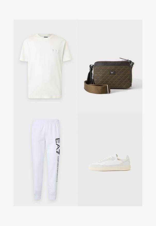 T-shirt en coton blanc avec col rond et manches courtes, arborant un petit patch logo rectangulaire dans le coin supérieur gauche.; Pantalon de survêtement blanc en tissu doux, arborant des logos imprimés noirs "EA7" et "Emporio Armani" le long de la jambe gauche, avec une taille élastique et des poignets.; Baskets blanches avec dessus en daim et cuir texturé. Caractérisées par un bout arrondi, une fermeture à lacets et une semelle en caoutchouc beige contrastante.; Petit sac bandoulière rectangulaire marron avec texture à motifs, patch logo devant, fermeture éclair et large bandoulière réglable.
