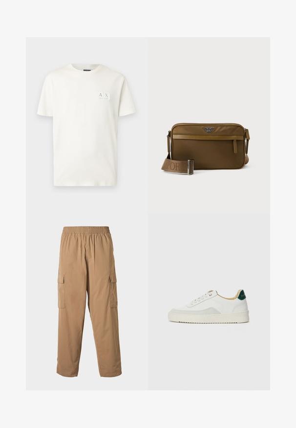 T-shirt en coton blanc avec col rond et manches courtes, arborant un petit patch logo rectangulaire dans le coin supérieur gauche.; Pantalons cargo beiges avec une taille élastique, dotés de plusieurs poches latérales et d'une texture légère et lisse. Design à jambe droite.; Baskets blanches avec des accents en daim, bout arrondi, lacets plats et semelle en caoutchouc crème. Présente une marque verte sur le talon.; Sac bandoulière rectangulaire marron avec poche zippée à l'avant, sangle réglable embossée du nom de la marque, et logo métallique au centre supérieur.