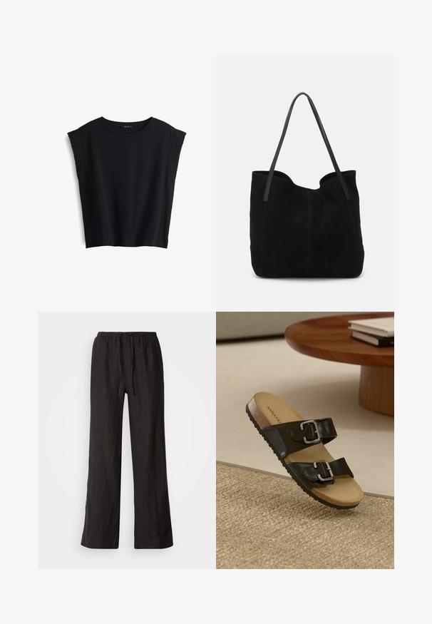 Zwart t-shirt met korte mouwen en een ronde halslijn. Zachte stof met textuur-geborduurde accenten op de schouderdelen. Casual pasvorm, geen sluitingen.; Zwarte, loszittende broeken met een elastische tailleband en trekkoord. Gemaakt van een lichte stof met een gladde textuur en recht gesneden pijpen.; Zwarte sandaal met twee banden en zilveren gespen, kurken voetbed en rubberen zool. Matte afwerking op de banden, weergegeven op een gestructureerd, geweven oppervlak.; Zwarte suede tote bag met twee lange, platte leren handvatten. Heeft een gebogen bovenrand en zichtbare stiksels aan de voorkant. Geen hardware-accenten.