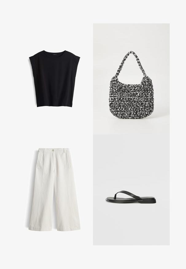 Zwart t-shirt met korte mouwen en een ronde halslijn. Zachte stof met textuur-geborduurde accenten op de schouderdelen. Casual pasvorm, geen sluitingen.; Witte broek met wijde pijpen, elastische tailleband, knoopsluiting, riemlussen en schuine voorzakken, getoond tegen een witte achtergrond.; Zwarte teenflip-flop van glad leer, met een dunne band en een platte zool met een minimalistisch profiel. Geen opvallende patronen of accenten.; Geweven handtas in zwart en wit met een ronde vorm, gestructureerd oppervlak en een gevlochten handvat. Geschikt voor dagelijks gebruik.