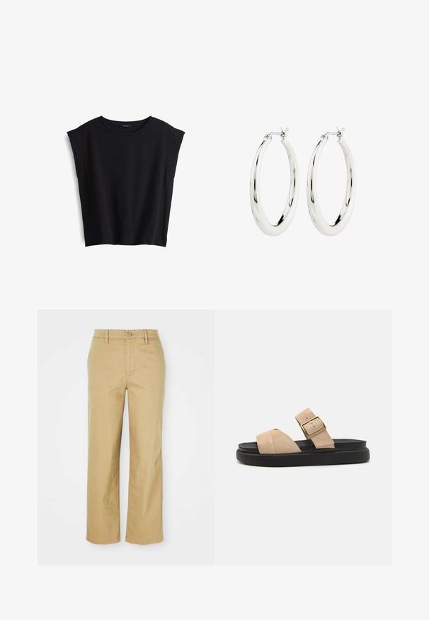 Zwart t-shirt met korte mouwen en een ronde halslijn. Zachte stof met textuur-geborduurde accenten op de schouderdelen. Casual pasvorm, geen sluitingen.; Beige katoen broek met een recht pootontwerp. Voorzien van een knoopsluiting, riemlussen en zakken aan de voorkant, lichtgewicht textuur.; Beige suède sandalen met een gebogen band, goudkleurige gesp en een zwarte plateauzool. Vlak ontwerp, geschikt voor casual draagstijl.; Zilveren oorbellen in de vorm van een gladde, glanzende ring. Circulaire vorm, voorzien van een veilige sluiting. Eenvoudig en elegant ontwerp.