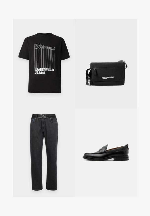 Sort T-shirt lavet af bomuld, der har hvid bloktekst "KARL LAGERFELD" og "LAGERFELD JEANS" med vertikal linjedetalje; standard rund hals.; Sorte denim jeans med lige pasform, der har en glat lædertalje, forlommer og diskrete syninger.; Sort læder herre loafer med moc-tå syning, penny strop, struktureret krave og lav stablet hæl på hvid baggrund.; Sort messenger-taske lavet af glat nylon. Har justerbar rem, frontlomme med lynlås og hvidt trykt logo. Rektangulær form med minimalistisk design.