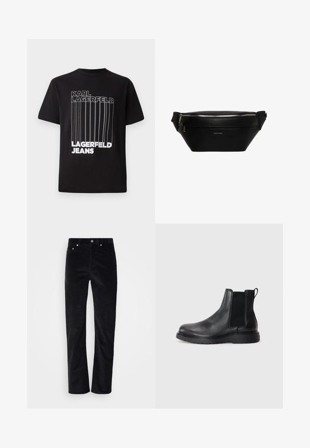 Sort T-shirt lavet af bomuld, der har hvid bloktekst "KARL LAGERFELD" og "LAGERFELD JEANS" med vertikal linjedetalje; standard rund hals.; Sorte fløjlsbukser med lige ben. Har en knaplukning og fem lomme-stil. Tekstureret ribbet stof.; Sorte læder chelsea støvler med tekstureret finish, elastiske sidepaneler og en robust gummisål. Subtil branding på hælen.; Sort læder Calvin Klein bæltetaske med sølv lynlås og justerbar rem, minimalistisk logo foran i midten.