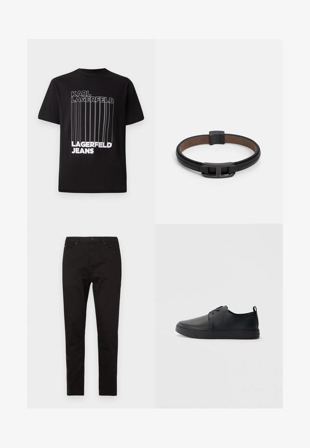 Μαύρη μπλούζα T-shirt από βαμβάκι με λευκό κείμενο σε μπλοκ "KARL LAGERFELD" και "LAGERFELD JEANS" με λεπτομέρεια κατακόρυφης γραμμής; κλασική στρογγυλή λαιμόκοψη.; Μαύρο παντελόνι από μπλέντ βαμβακερού υφάσματος. Στενή εφαρμογή με σχέδιο πέντε τσεπών, διαθέτει μπροστινό κούμπωμα με κουμπί και φερμουάρ.; Μαύρο δερμάτινο αθλητικό παπούτσι με λεία επιφάνεια, στρογγυλή μύτη, τονικό ράψιμο, κορδόνια μπροστά και επίπεδη καουτσούκ σόλα. Βρόχος στην πτέρνα.; Μαύρο δερμάτινο βραχιόλι με λεία υφή, που διαθέτει ορθογώνια μεταλλική κλείσιμο και αντίθεση καφέ εσωτερική επένδυση.