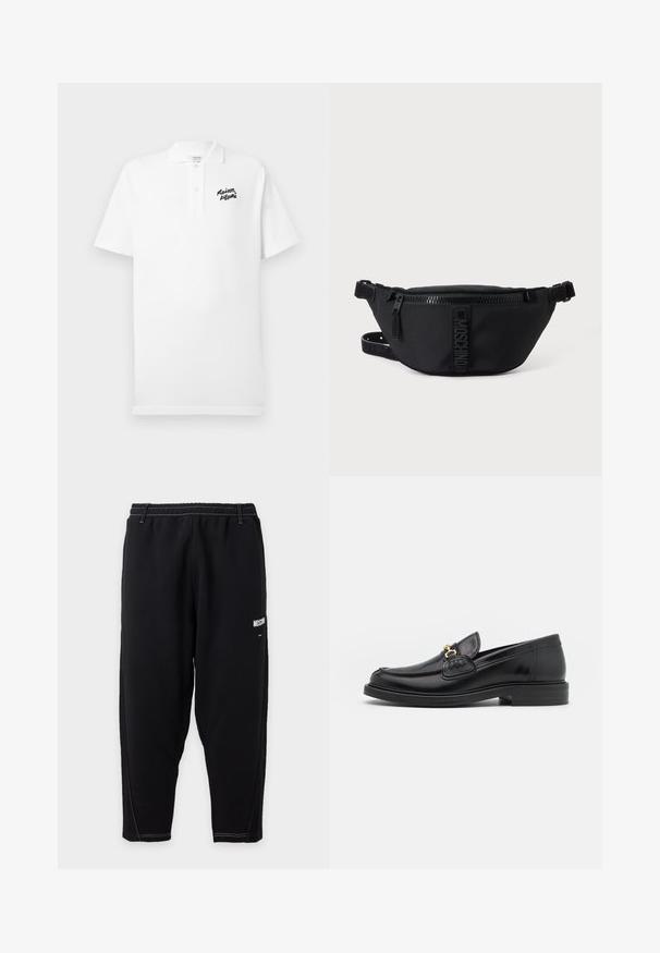 Polo blanc en coton, arborant un logo "Maison Kitsuné" brodé en noir sur la poitrine gauche. Manches courtes et col standard.; Pantalon de jogging noir fuselé avec taille élastique, coutures contrastées blanches et petit logo blanc "Moschino" sur la cuisse supérieure.; Mocassins en cuir noir avec un embout rond, présentant des accents en métal doré et des détails de couture, montés sur une semelle en caoutchouc texturé et basse.; Sac banane noir Moschino avec fermeture éclair frontale et sangle ajustable sur un fond uni clair.