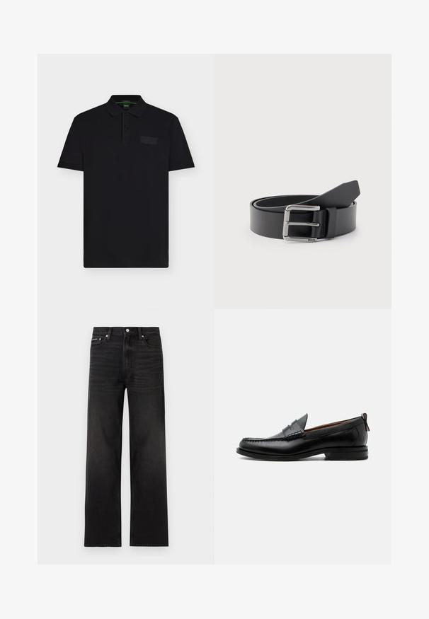 Polo noir à manches courtes avec deux boutons, un col et un discret patch logo rectangulaire sur la poitrine gauche.; Jean noir droit avec cinq poches, passants pour ceinture et fermeture par bouton, présenté sur un fond blanc.; Mocassin homme en cuir noir avec couture moc toe, bride penny, col texturé et petit talon empilé sur fond blanc.; Ceinture en cuir noir enroulée avec une boucle métallique rectangulaire argentée gravée "BOSS" sur un fond gris clair.