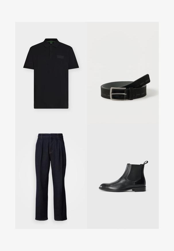 Polo noir à manches courtes avec deux boutons, un col et un discret patch logo rectangulaire sur la poitrine gauche.; Jean en denim large à jambes bleues foncées avec des plis devant et des coutures orange, présenté sur fond blanc.; Bottine en cuir noir avec des panneaux latéraux élastiques, bout rond et tirette. Texture lisse, semelle plate, design minimaliste.; Ceinture en cuir noir avec boucle rectangulaire argentée, embossée du logo "BOSS" répété, enroulée sur fond blanc.