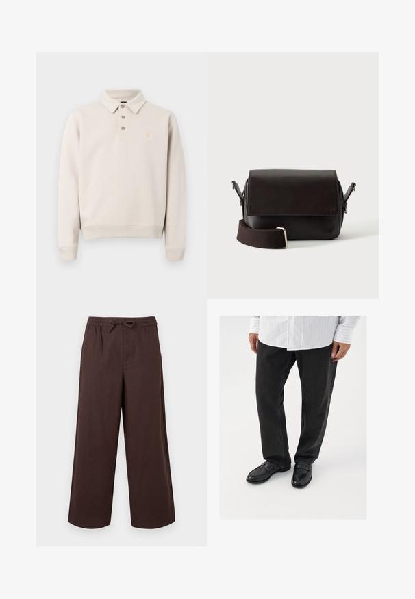 Polo beige à manches longues avec trois boutons, poignets et ourlet côtelés, et petite écusson logo sur la poitrine à gauche.; Pantalon marron à jambes larges avec taille élastique et lien de serrage à l'avant, fabriqué en tissu lisse.; Pantalons en denim noir associés à des mocassins noirs brillants. La chemise est blanche avec de fines rayures verticales, avec des manches longues et un col boutonné.; Sac bandoulière en cuir marron foncé avec fermeture à rabat et sangle en tissu réglable sur fond blanc.