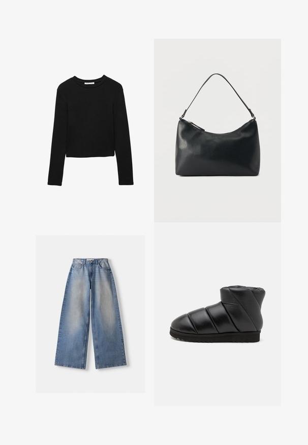 Sort langærmet cropped T-shirt lavet af blødt bomuld med klassisk rund halsudskæring og afslappet pasform. Ingen synlige mønstre eller accenter.; Bredde ben blå denim jeans med høj talje og falmede detaljer, lagt fladt på hvid baggrund.; Sort ankelstøvle lavet af quiltet læder. Har en afrundet tå, forhøjede sømdetaljer og en tekstureret gummisål med skridsikre mønstre.; Sort skuldertaske i struktureret læder med buet toplynlås og enkelt justerbar rem mod ensfarvet baggrund.