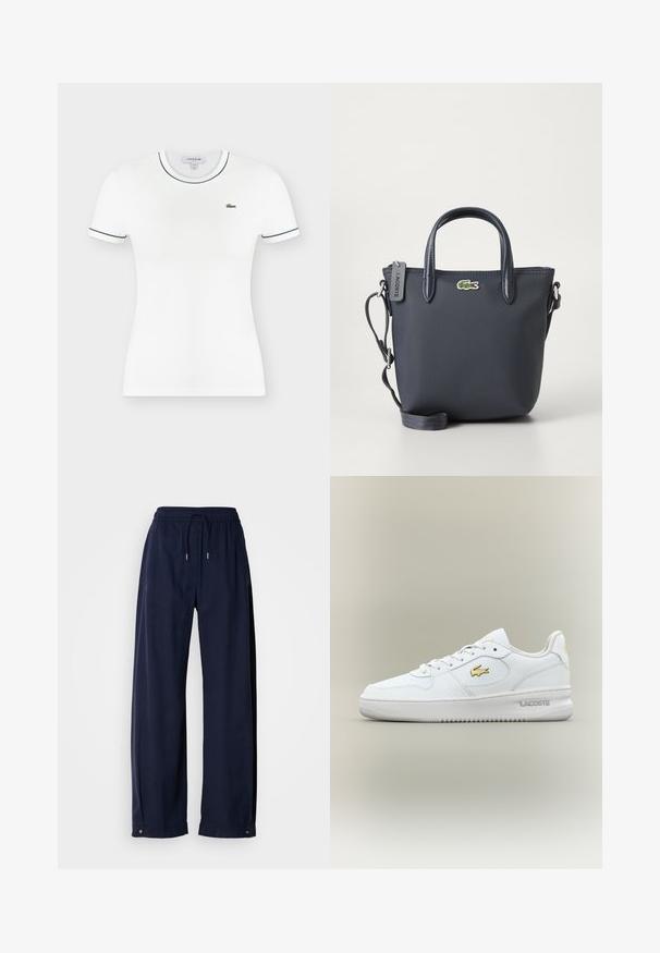 Chemise blanche ajustée à manches courtes avec bord foncé sur le col et les manches, avec un petit logo crocodile vert sur la poitrine gauche.; Pantalons larges bleu marine en matériau doux. Comprend une taille élastique avec cordon de serrage et des accents métalliques au niveau de l'ourlet.; Baskets Lacoste basses blanches avec logo doré sur le côté, lacets blancs et semelle en caoutchouc sur un fond neutre.; Sac à main bleu marine en tissu texturé, avec deux poignées supérieures et une bandoulière détachable. Il présente un petit logo Lacoste et une fermeture éclair.