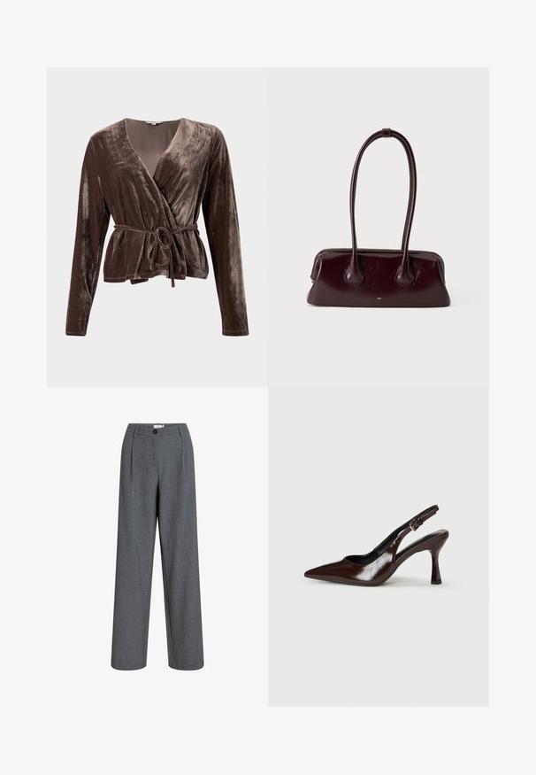 Top en velours marron avec des manches longues, décolleté en V et ceinture à nouer ajustable. Texture douce avec un léger éclat. Pas de motifs ni de matériel visible.; Pantalon gris taille haute cintré avec plis devant, passants pour ceinture, fermeture à boutons et jambes droites larges.; Talons slingback en cuir verni brun avec un bout pointu, un talon fin, et une sangle réglable avec une petite boucle.; Sac à main en cuir brun foncé brillant avec de longues anses fines et une base rectangulaire structurée sur un fond clair uni.