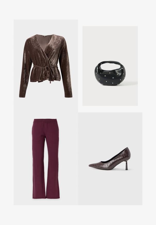 Top en velours marron avec des manches longues, décolleté en V et ceinture à nouer ajustable. Texture douce avec un léger éclat. Pas de motifs ni de matériel visible.; Pantalon droit de couleur bordeaux foncé uni avec une taille élastique, en tissu doux.; Escarpins à bout pointu en similicuir marron avec une texture crocodile, dotés d’un talon fin et angulaire ainsi que d’une doublure intérieure lisse.; Sac à main en cuir noir de forme arrondie, décoré de clous argentés et équipé d'une poignée courte. Texture lisse et fermeture éclair.