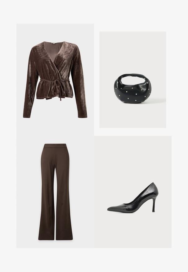 Top en velours marron avec des manches longues, décolleté en V et ceinture à nouer ajustable. Texture douce avec un léger éclat. Pas de motifs ni de matériel visible.; Pantalon marron taille haute avec jambes larges et passants pour ceinture, présenté à plat sur un fond clair.; Chaussure à talon haut pour femme en cuir verni noir avec bout pointu et talon fin sur fond clair uni.; Sac à main en cuir noir de forme arrondie, décoré de clous argentés et équipé d'une poignée courte. Texture lisse et fermeture éclair.