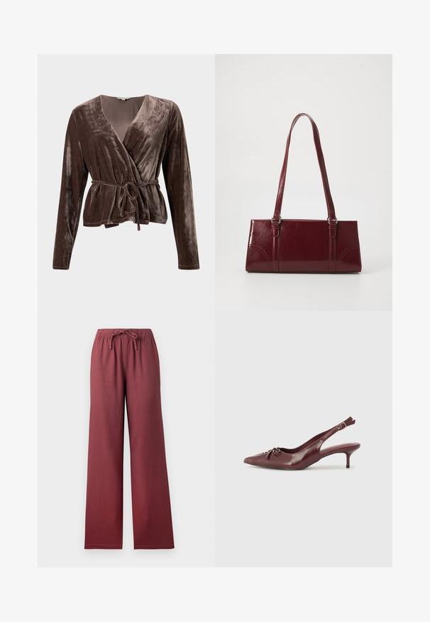 Top en velours marron avec des manches longues, décolleté en V et ceinture à nouer ajustable. Texture douce avec un léger éclat. Pas de motifs ni de matériel visible.; Pantalon à jambes larges et taille haute en bordeaux avec une ceinture élastique et un cordon de serrage noué à l'avant.; Talons slingback en cuir bordeaux avec un embout pointu, une sangle ajustable et un détail de nœud décoratif à l'avant. Hauteur du talon de 7,5 cm.; Sac à main bordeaux en matériau brillant, de forme rectangulaire, avec deux anses et des accents légèrement courbés à l'avant.