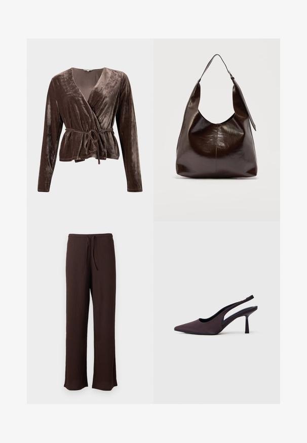 Top en velours marron avec des manches longues, décolleté en V et ceinture à nouer ajustable. Texture douce avec un léger éclat. Pas de motifs ni de matériel visible.; Pantalon large texturé marron foncé avec ceinture élastique et cordon, présenté sur un fond clair uni.; Chaussure à talon slingback en tissu violet foncé. Design à bout pointu, côtés ouverts, et talon mince de forme carrée. Texture lisse.; Sac à bandoulière en cuir marron foncé brillant avec une seule large sangle et un détail de boucle sur un côté, posé sur un fond clair uni.
