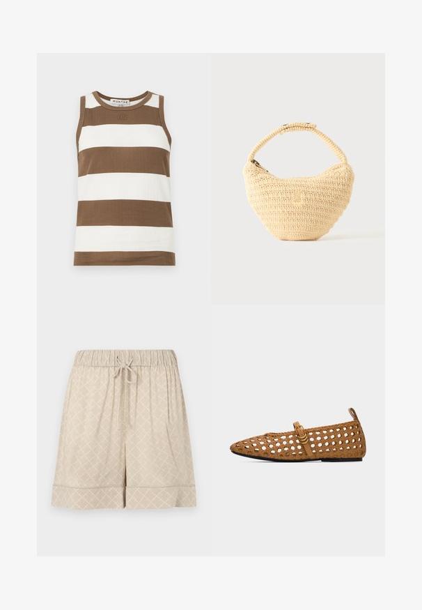 Haut sans manches à rayures marron et blanches en tissu côtelé. Il présente un encolure ronde et un petit logo à l'avant.; Shorts beiges en tissu doux avec une taille élastique, un cordon de serrage et une texture à motif en losanges. Comprend un ourlet à revers.; Chaussure plate tressée marron avec bout pointu, bride simple et boucle dorée, ainsi qu'une languette au talon, sur fond blanc.; Sac à main beige tissé avec corps arrondi, fermeture éclair et une sangle courte et épaisse dans un style crochet simple et texturé.