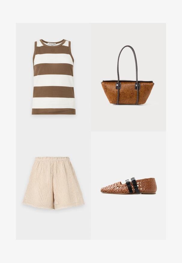 Haut sans manches à rayures marron et blanches en tissu côtelé. Il présente un encolure ronde et un petit logo à l'avant.; Shorts beiges avec un motif texturé en forme de gaufre. Ceinture élastique et coupe ample. Longueur mi-cuisse. Matériau léger.; Chaussure plate tressée marron avec deux sangles noires à boucle sur le dessus et bout et talon fermés.; Sac en cuir texturé marron avec une forme trapézoïdale et de longues poignées tressées marron foncé sur un fond blanc.