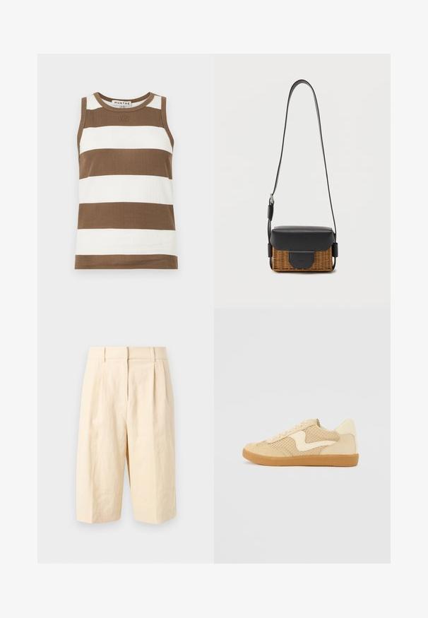 Haut sans manches à rayures marron et blanches en tissu côtelé. Il présente un encolure ronde et un petit logo à l'avant.; Short beige taille haute longueur genou avec passants de ceinture et plis devant, présenté sur un fond clair uni.; Sneaker beige avec des matériaux en daim et en maille, forme arrondie, col rembourré proéminent et semelle en caoutchouc gomme. Présente un accent de design en forme de vague.; Petit sac bandoulière rectangulaire avec base tissée marron, rabat en cuir noir et sangle réglable sur fond blanc.