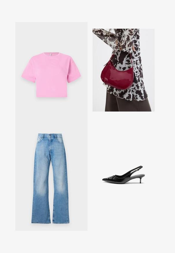 Κοντό ροζ cropped t-shirt από απαλό βαμβακερό υλικό, με στρογγυλή λαιμόκοψη και κοντά μανίκια. Απλός σχεδιασμός, χωρίς μοτίβα ή διακοσμητικά.; Ανοιχτό μπλε τζιν φλαρέ παντελόνι με ψηλή μέση, πέντε τσέπες και κλασικό κούμπωμα με κουμπί. Διαθέτει διακριτική ξεθωριασμένη όψη και άνετη εφαρμογή.; Μαύρα πέδιλα από δέρμα με λουράκι στη φτέρνα, μυτερή μύτη, χαμηλό τακούνι στιλέτο και ρυτιδωμένη λεπτομέρεια στην επάνω πλευρά. Λείο υλικό και μινιμαλιστικός σχεδιασμός.; Γυναίκα που φοράει μια μπλούζα με μαύρο-άσπρο μοτίβο κρατάει μια γυαλιστερή κόκκινη τσάντα ώμου σε απλό φόντο.