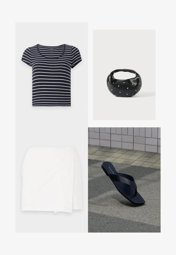 T-shirt à manches courtes rayé bleu marine et blanc avec un décolleté en scoop. Fabriqué en tissu doux, avec des rayures horizontales uniformes de largeurs variées.; Jupe blanche à coupe droite, design enveloppant et bords nets. Fabriquée en tissu léger avec une texture lisse et sans motifs visibles.; Sandale noire à lanière avec bout carré et nom de la marque sur la semelle, positionnée debout sur un pavement texturé près d’un mur carrelé.; Sac à main en cuir noir de forme arrondie, décoré de clous argentés et équipé d'une poignée courte. Texture lisse et fermeture éclair.