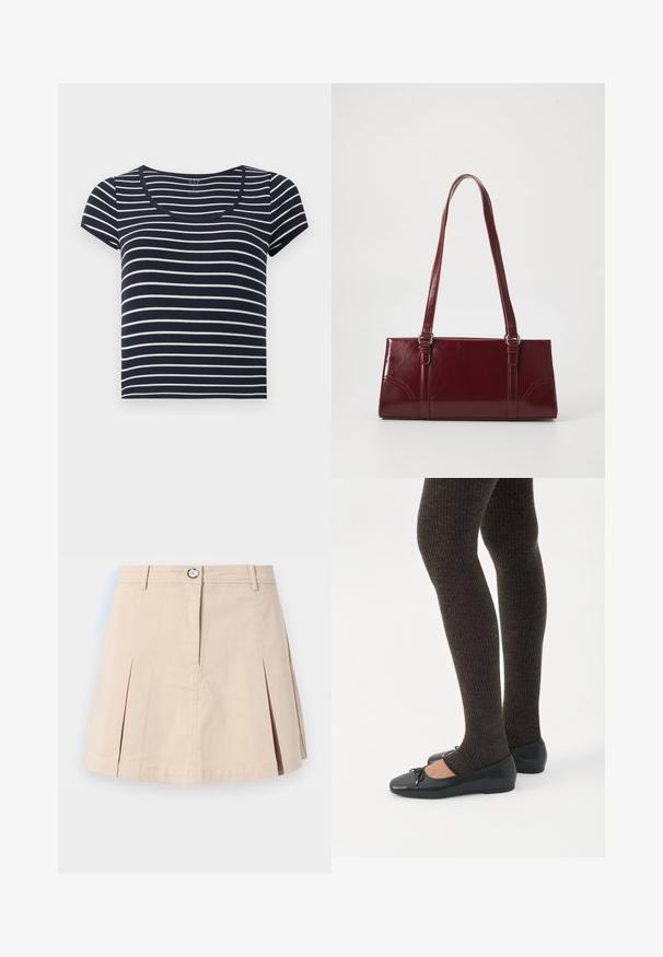T-shirt à manches courtes rayé bleu marine et blanc avec un décolleté en scoop. Fabriqué en tissu doux, avec des rayures horizontales uniformes de largeurs variées.; Jupe courte beige avec plis devant, fermeture à bouton et fermeture éclair, passants de ceinture, présentée sur un fond clair uni.; Jambes portant des leggings côtelés foncés associés à des ballerines noires avec de petits détails en nœud sur fond blanc.; Sac à main bordeaux en matériau brillant, de forme rectangulaire, avec deux anses et des accents légèrement courbés à l'avant.