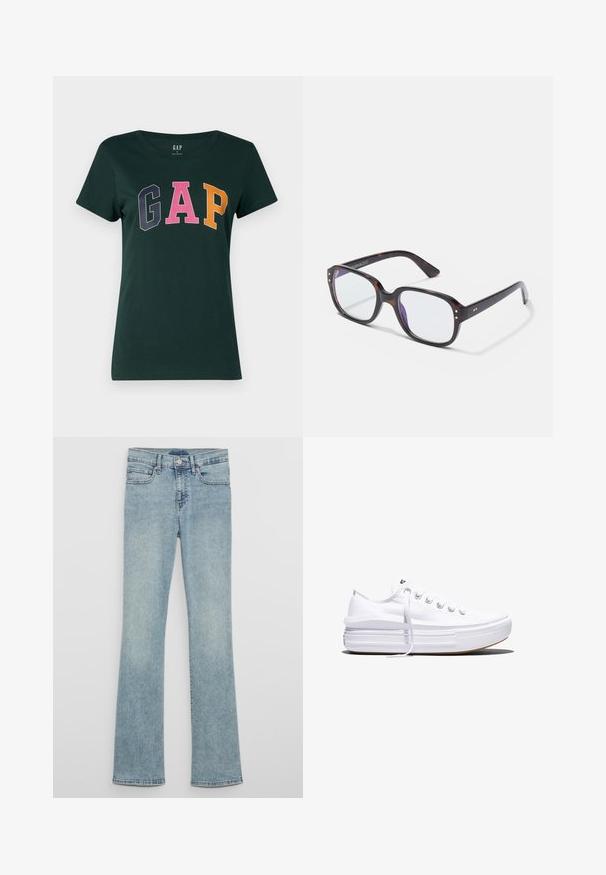 Donkergroene katoenen T-shirt met een ronde hals, met het woord "GAP" in grote, kleurrijke blokletters: marineblauw, roze en oranje.; Lichtblauwe denim flared jeans met een hoge taille, voorzien van riemlussen, voorzakken en een vervaagde wassing.; Witte lage canvas sneaker met dikke plateauzool, veters aan de voorkant en rubberen toeskap met structuur, zijaanzicht.; Kameel-schildpad rechthoekige brillen met heldere glazen, voorzien van stevige monturen, gouden accenten en een strakke uitstraling.