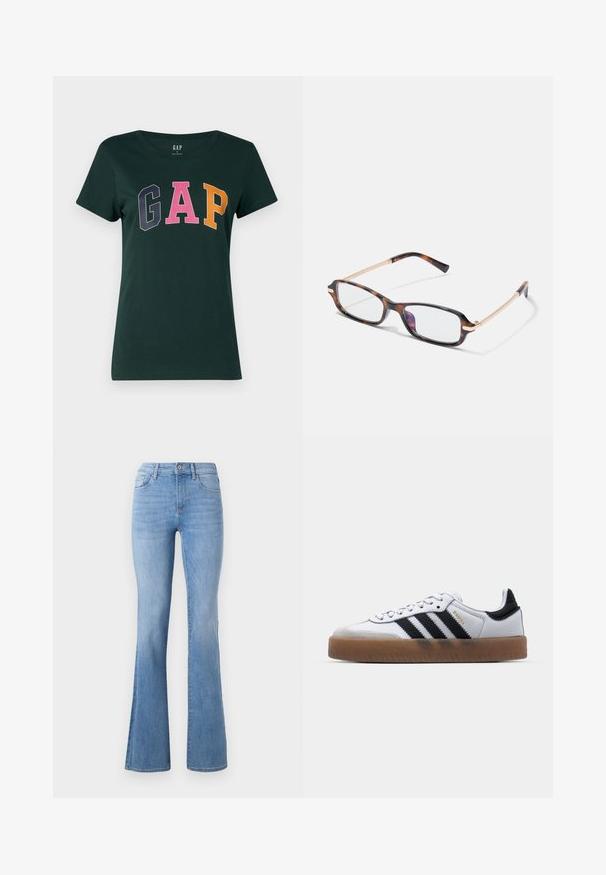 T-shirt en coton vert foncé avec un col ras du cou, affichant le mot "GAP" en grandes lettres multicolores : bleu marine, rose et orange.; Jeans évasés bleu clair avec une taille mi-haute, un design classique à cinq poches et une légère décoloration le long des jambes. Texture en denim.; Baskets en cuir blanc avec des rayures noires, semelle extérieure en caoutchouc beige, bout rond, fermeture lacée et embout en suède gris doux.; Lunettes rectangulaires avec une monture en plastique écaille de tortue, des accents en métal couleur or et des verres transparents. Branches effilées avec une courbe subtile.