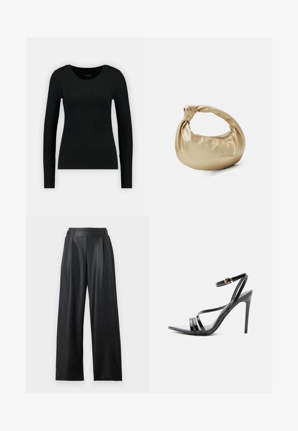 Schwarz, langärmliges Shirt aus geripptem Material. Merkmale einen runden Halsausschnitt und eine taillierte Silhouette. Einfaches Design ohne Muster oder Akzente.; Schwarze, weit geschnittene Hose aus Kunstleder mit hoher Taille, Knopfdetails am Bund und vorderen Falten.; Schwarze Sandale mit hohem Absatz und dünnen Riemen über den Zehen und am Knöchel, mit einer goldenen Schnalle an einem schlanken Stiletto-Absatz.; Goldfarbene Metall-Handtasche mit glatter, glänzender Textur. Verfügt über einen geknoteten Griff und eine abgerundete, weiche Form. Reißverschlussverschluss an der Oberseite.