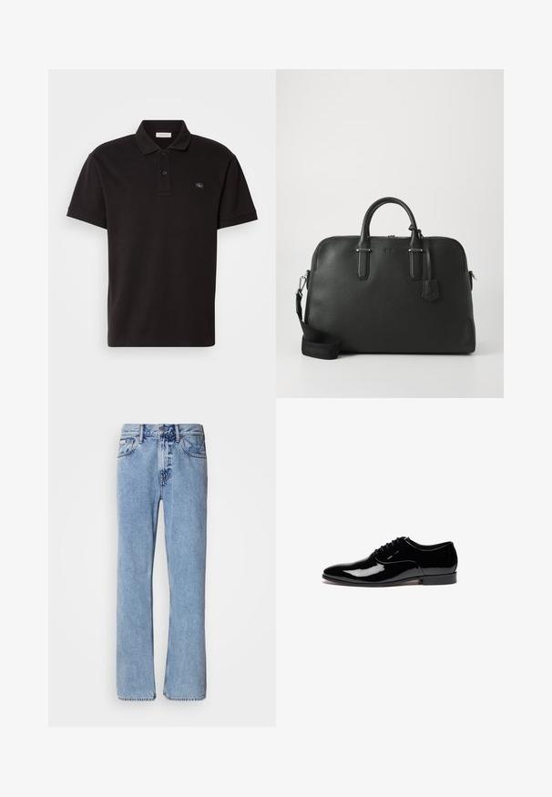 Polo negra hecha de tejido texturizado, con un collar clásico, tapeta de dos botones y un pequeño parche con logo en el pecho.; Jeans de mezclilla azul claro con un diseño de pierna recta, cinco bolsillos y cierre de botón. Detalles de costura cerca de los bolsillos y la cintura.; Zapato de vestir de charol negro con un diseño elegante, punta redonda y tacón bajo. Cuenta con un cierre de cordones y una superficie lisa.; Bolso de mano de cuero negro con un acabado texturizado, doble asa superior, correa desmontable, detalles de hardware en plateado y una pequeña etiqueta adjunta.