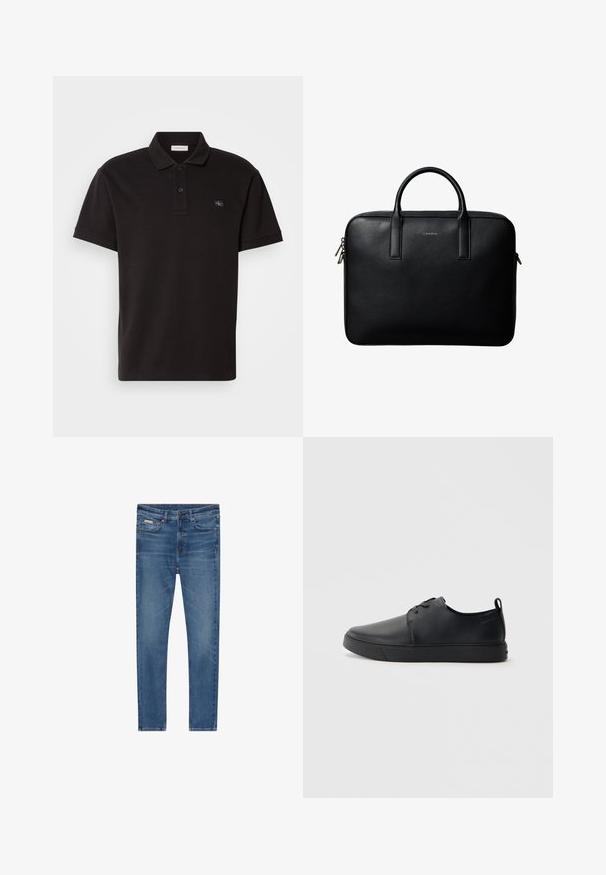 Polo negra hecha de tejido texturizado, con un collar clásico, tapeta de dos botones y un pequeño parche con logo en el pecho.; Vaqueros de mezclilla azul con corte ajustado, cinco bolsillos, cierre con botones y sutiles desgastes en los muslos y las rodillas.; Zapatilla negra de cuero con acabado suave, punta redondeada, costuras a tono, cordones en la parte delantera y suela de goma plana. Asa en el talón.; Maletín de cuero negro texturizado con doble asa y tiradores de cremallera plateados, centrado sobre fondo blanco.