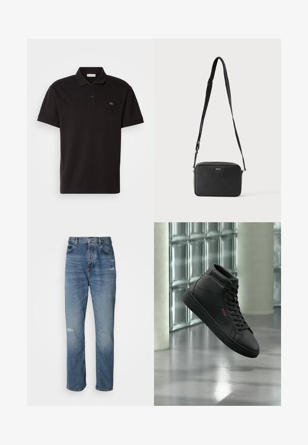 Polo negra hecha de tejido texturizado, con un collar clásico, tapeta de dos botones y un pequeño parche con logo en el pecho.; Jeans de mezclilla de color azul claro con un diseño de pierna recta, que cuentan con un cierre de botón y cremallera, cinco bolsillos y detalles deshilachados cerca de la rodilla.; Zapatilla negra de caña alta con cordones y logo rojo "Hugo", mostrada sobre un fondo de bloques de vidrio y suelo de hormigón.; Bolso bandolera rectangular negro con correa ajustable y logo BOSS en la parte delantera, sobre un fondo claro liso.
