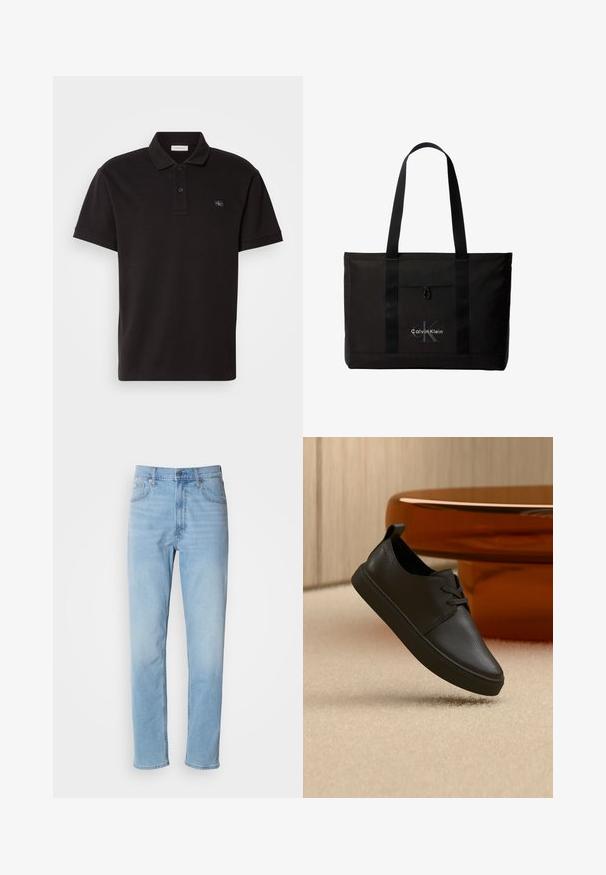 Polo negra hecha de tejido texturizado, con un collar clásico, tapeta de dos botones y un pequeño parche con logo en el pecho.; Jeans de mezclilla azul claro con un corte recto, cinco bolsillos y trabillas para cinturón. La tela presenta una textura suave con un ligero efecto de desvanecimiento.; Zapatilla casual negra de cuero con cordones, flotando sobre una alfombra beige, con una mesa de cristal ámbar redondeada en el fondo.; Bolso tote negro de Calvin Klein con dos asas largas y bolsillo delantero, con el logo de la marca en blanco y gris.