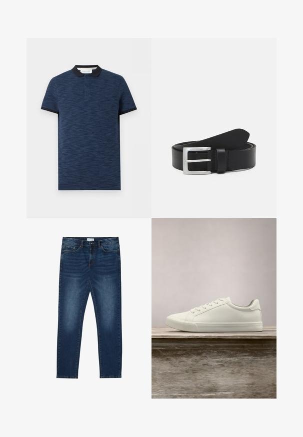 Polo bleu marine à manches courtes avec un motif texturé subtil, col et poignets noirs, et patte de boutonnage à deux boutons.; Jean slim-fit bleu foncé avec des détails délavés, design classique à cinq poches, fermeture à bouton et passants de ceinture.; Sneaker en dentelle blanche flottant au-dessus d'un banc en bois avec un feuillage vert en arrière-plan, mettant en valeur le design et la texture de la chaussure.; Ceinture en cuir noir avec une texture lisse, boucle rectangulaire en argent et une boucle pour l'extrémité. Présente des coutures soignées le long des bords.