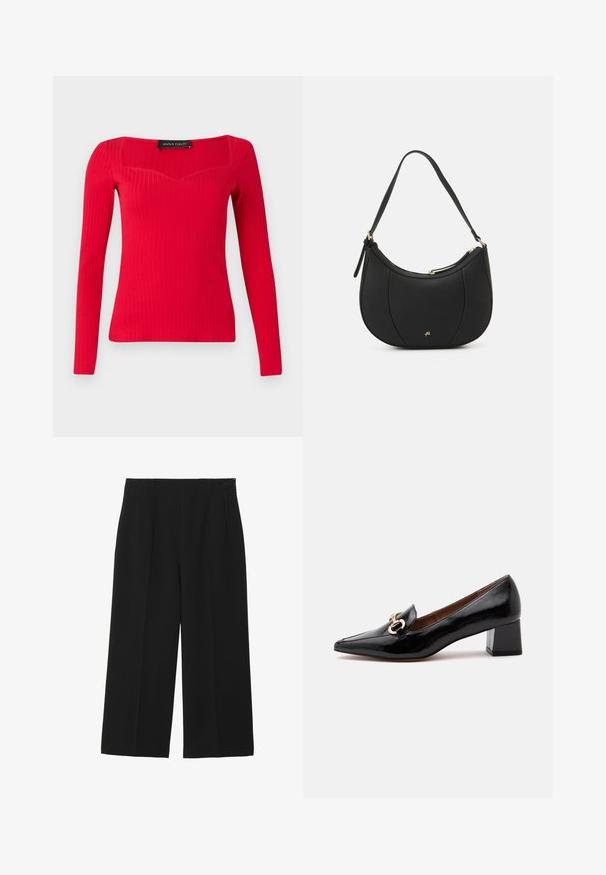 Haut à manches longues rouge côtelé avec un décolleté carré et une forme légèrement en cœur. Fabriqué en tissu extensible pour une silhouette ajustée.; Pantalons larges noirs en tissu lisse, avec deux poches avant, un devant plat, et une fermeture éclair sur le côté.; Mocassin en cuir verni noir à petit talon bloc, détail chaîne dorée sur le dessus, bout pointu et doublure intérieure marron.; Sac à main en cuir noir avec une forme courbée, surface texturée, coutures avant et un logo doré. Il est doté d'une seule sangle ajustable.