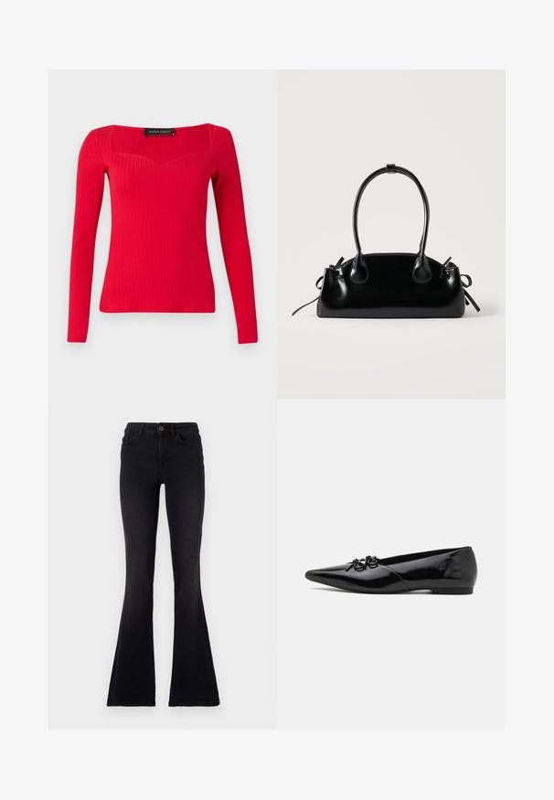 Haut à manches longues rouge côtelé avec un décolleté carré et une forme légèrement en cœur. Fabriqué en tissu extensible pour une silhouette ajustée.; Jean flare noir en denim. Taille haute avec fermeture à bouton, design élégant et jambes évasées prononcées en bas.; Ballerines en cuir verni noir avec un bout pointu, présentant un nœud décoratif à l'avant et un design de talon bas et élégant.; Petit sac à main noir brillant avec deux longues anses et des détails à cordon sur les côtés sur un fond clair uni.