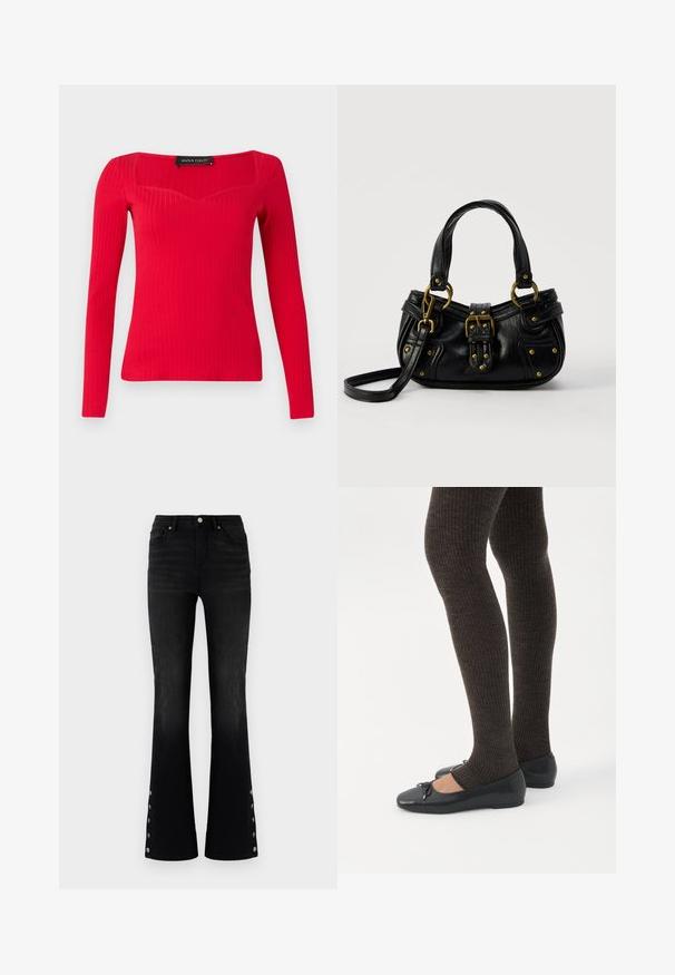 Haut à manches longues rouge côtelé avec un décolleté carré et une forme légèrement en cœur. Fabriqué en tissu extensible pour une silhouette ajustée.; ONLY ONLWAUW MID WAIST FLARED - Jean flare - washed black; Jambes portant des leggings côtelés foncés associés à des ballerines noires avec de petits détails en nœud sur fond blanc.; Sac à main en cuir noir avec boucle dorée et détails à rivets, poignées courtes et bandoulière réglable sur fond blanc uni.