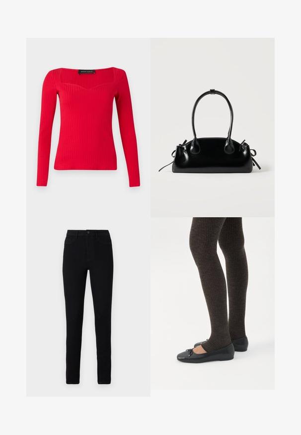 Haut à manches longues rouge côtelé avec un décolleté carré et une forme légèrement en cœur. Fabriqué en tissu extensible pour une silhouette ajustée.; Jean skinny en denim noir avec taille haute, cinq poches, une fermeture éclair sur le devant et des coutures contrastées subtiles le long des coutures.; Jambes portant des leggings côtelés foncés associés à des ballerines noires avec de petits détails en nœud sur fond blanc.; Petit sac à main noir brillant avec deux longues anses et des détails à cordon sur les côtés sur un fond clair uni.