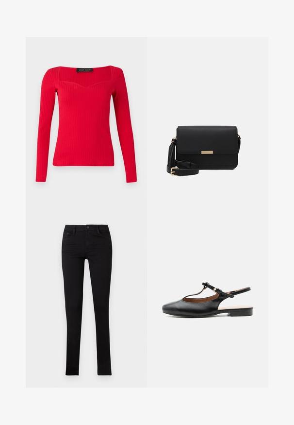 Haut à manches longues rouge côtelé avec un décolleté carré et une forme légèrement en cœur. Fabriqué en tissu extensible pour une silhouette ajustée.; Jean skinny en denim noir avec une taille basse, des poches avant et une fermeture à bouton. Présente une texture lisse et un design minimaliste.; Chaussure plate slingback en cuir noir avec bride en T et boucle dorée sur fond neutre.; Sac en cuir noir avec un rabat, accents en matériel doré, sangle réglable et surface texturée. Forme rectangulaire compacte.