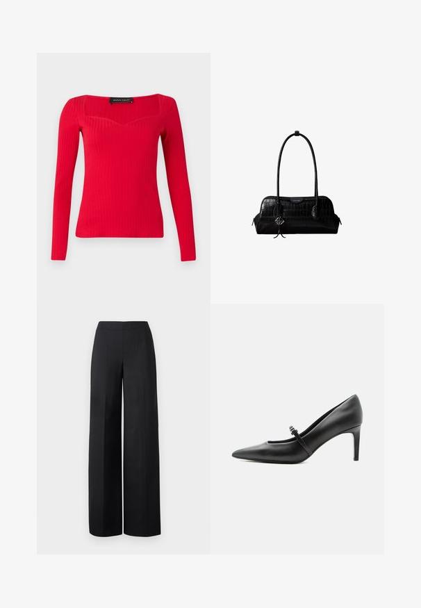 Haut à manches longues rouge côtelé avec un décolleté carré et une forme légèrement en cœur. Fabriqué en tissu extensible pour une silhouette ajustée.; Pantalons larges noirs en tissu lisse. Dotés d'une taille haute et de lignes nettes et droites sans poches visibles ni embellissements.; Escarpin noir en cuir à bout pointu avec une fine bride et une boucle sur le cou-de-pied, posé sur un fond clair neutre.; Sac à épaule en cuir noir à texture crocodile, avec de longues sangles et un petit charm logo argenté sur une sangle.