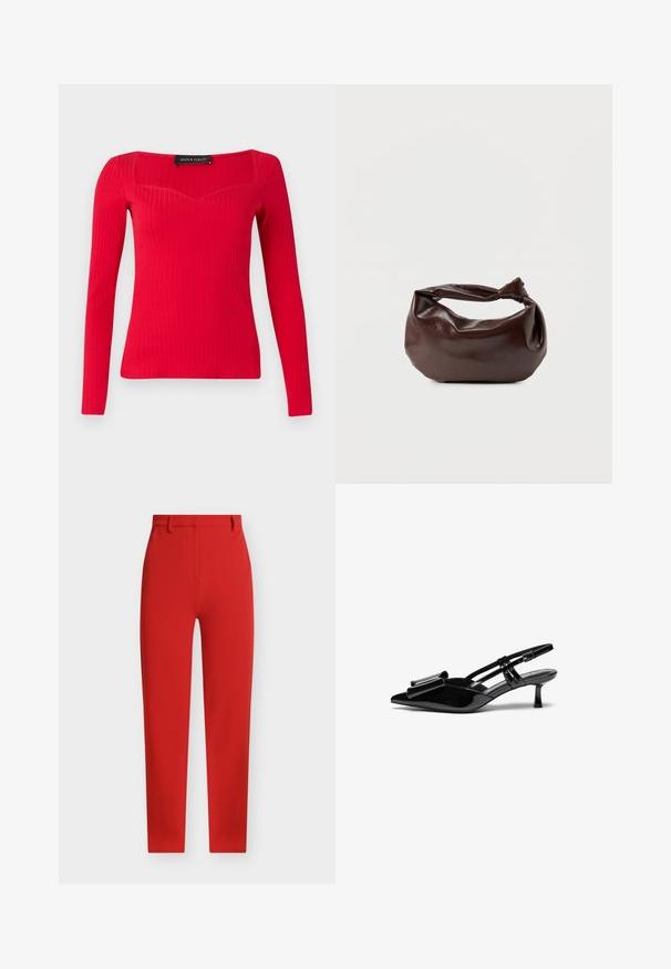 Haut à manches longues rouge côtelé avec un décolleté carré et une forme légèrement en cœur. Fabriqué en tissu extensible pour une silhouette ajustée.; Pantalon rouge sur mesure avec une texture lisse, coupe droite, passants pour ceinture et poches avant. Présente un design épuré et minimaliste.; Talons aiguilles en cuir verni noir avec un bout pointu, un détail en nœud à l'avant et un petit talon stiletto. Les brides sont équipées de boucles ajustables.; Sac bandoulière en cuir marron foncé avec une forme souple et décontractée et une anse nouée torsadée sur un fond blanc uni.