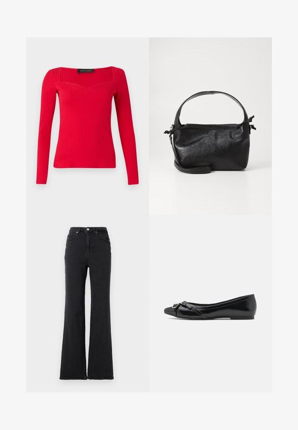 Haut à manches longues rouge côtelé avec un décolleté carré et une forme légèrement en cœur. Fabriqué en tissu extensible pour une silhouette ajustée.; Jeans en denim noirs taille haute avec jambes évasées, bouton avant et design à cinq poches, sur un fond blanc uni.; Ballerines en cuir verni noir avec un bout pointu, dotées de lanières croisées et d'un petit détail de boucle en argent à l'avant.; Sac à main en cuir noir au design structuré, avec une poignée arrondie et une bandoulière amovible. Présente une texture lisse et un éclat subtil.